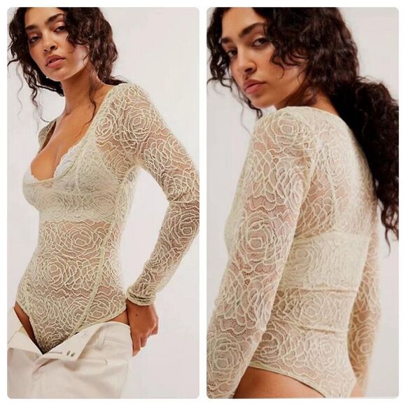 INTIMATELY FREE PEOPLE In My Head Green Lace Long Sleeve Bodysuit Size XSP NEW! - Picture 1 of 10